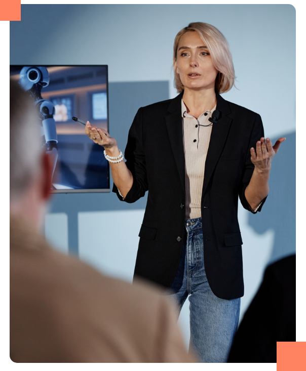business-woman Business woman presenting to her team